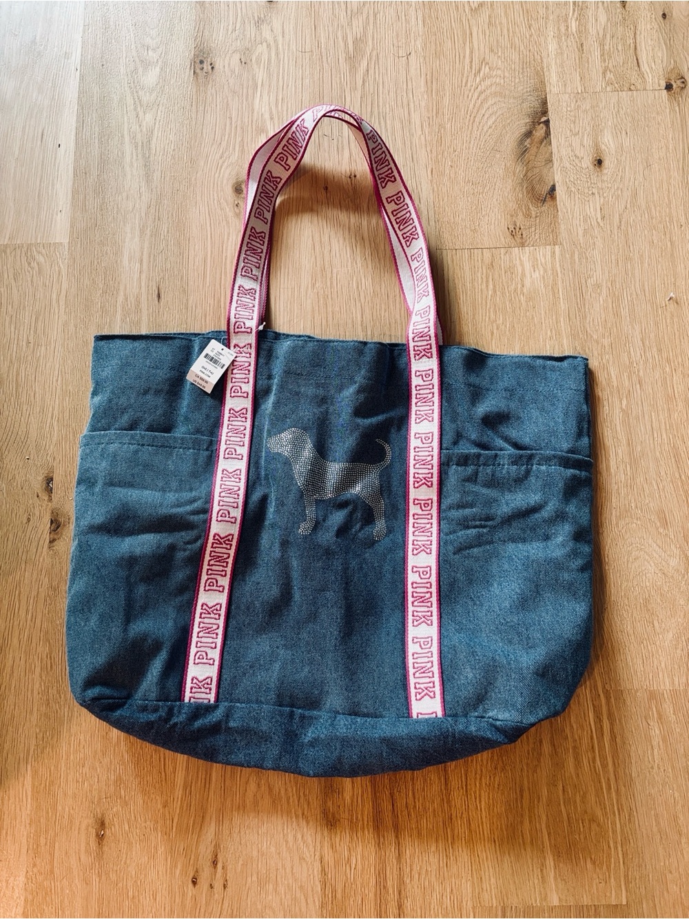 PINK Victoria's Secret Navy Canvas Tote with Pink Logo Straps and Rhinestone Dog